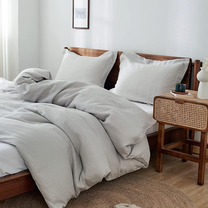 Simple&Opulence 100% Linen Duvet Cover Set 3pcs Basic Style Natural French Washed Flax Solid Color Soft Breathable Farmhouse Bedding with Button Closure - Light Grey, Queen