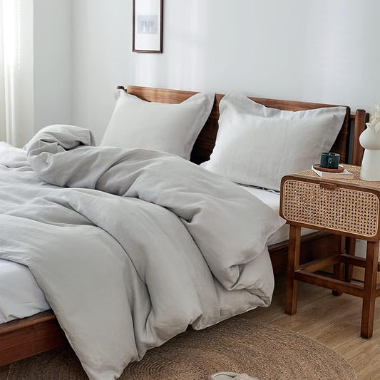 Simple&Opulence 100% Linen Duvet Cover Set 3pcs Basic Style Natural French Washed Flax Solid Color Soft Breathable Farmhouse Bedding with Button Closure - Light Grey, Queen
