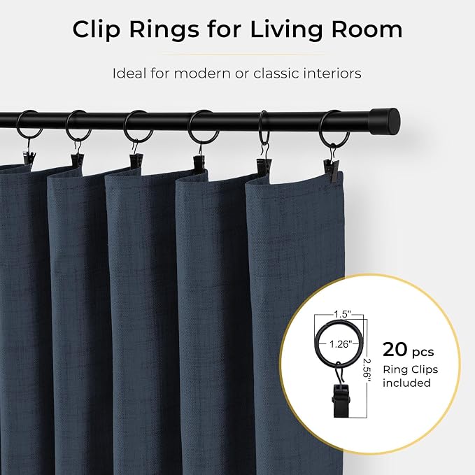 INOVADAY 100% Blackout Curtains for Bedroom Black Out Curtains 72 Inch Long | Navy Blue Curtains for Living Room 2 Panels, Clip Rings Linen Look Blackout Drapes, Thermal Insulated Room Darkening,W50xL72