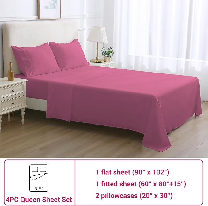Softan Microfiber Queen Sheet Set with Non-Slip Corner Straps, Hot Pink | 15" Deep Pocket Fitted Bed Sheets, Double Brushed Microfiber, Cozy Sheets & Pillowcase for All Season