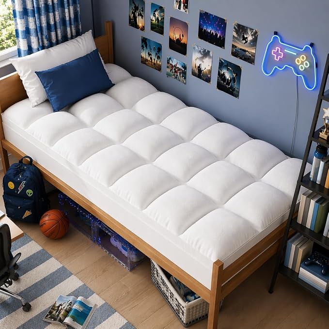 ELEMUSE Twin Mattress Topper, Extra Thick Pillow Top Mattress Pad Cover | Plush soft breathable bed topper for back pain relief, with elastic deep pocket and overfilled down alternative filling