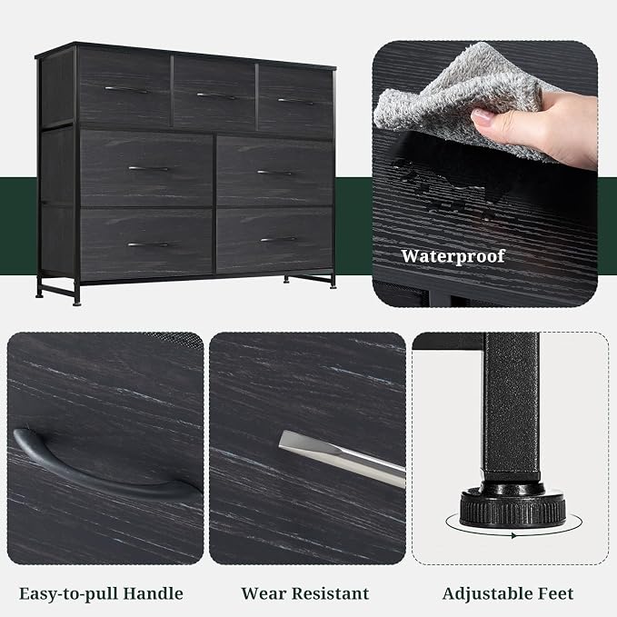7-Drawer Dresser for Bedroom, Anti-Tip Wide Storage Organizer Fabric | Chest of Drawers TV Stand for 45" TV with Wooden Top Metal Frame for Closet, Living Room, Hallway, Entryway, Charcoal Black