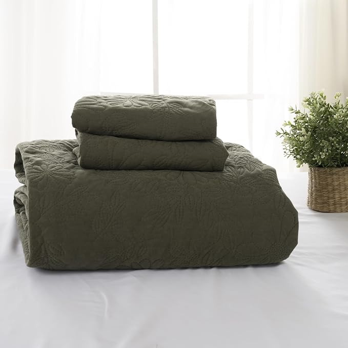 Velvet Olive Green Super Soft Twin Size Floral Textured Duvet Cover Set, 2 Pcs Bedding Comforter Covers with Button Closure for All Seasons, Includes 1 Duvet Cover and 1 Pillowcase (Olive, Twin Size)
