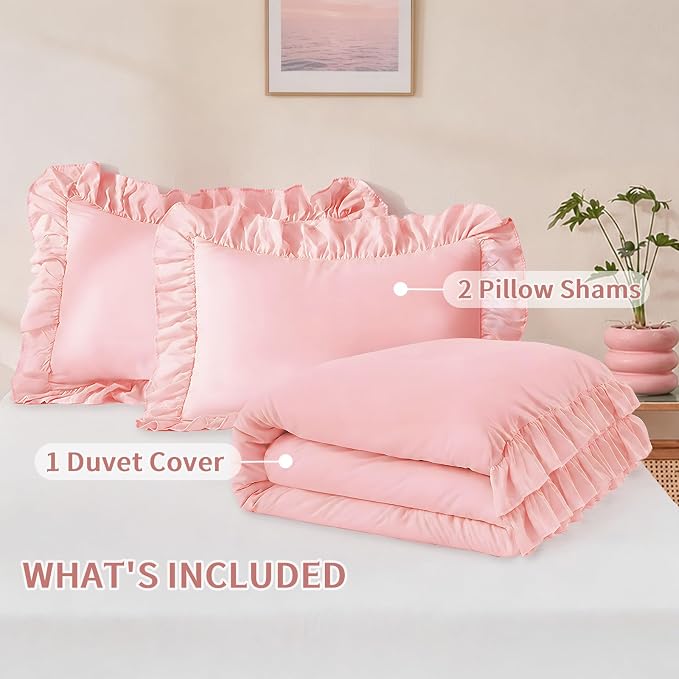 FUANNA Pink Duvet Cover Full Size 3 Piece, Farmhouse Shabby Chic Bedding | Ultra Soft 4-Inch Ruffle Duvet Cover Set with Corner Ties & 2 Pillow Shams, Vintage Bed Set for Women & Girls, No Comforter