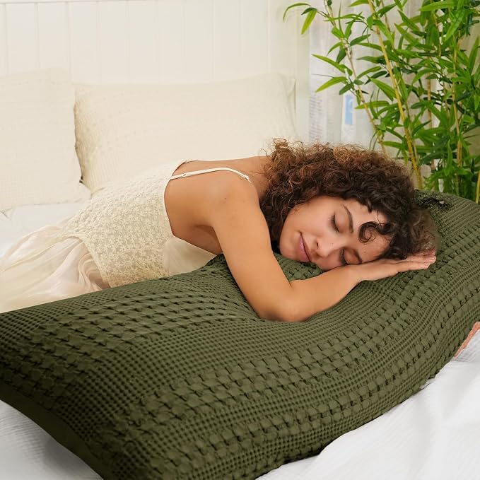 PHF 100% Cotton Waffle Body Pillowcase with Zipper, 1 Pack 20" x 54" Soft Skin-Friendly Pillow Sham, No Filling, Aesthetic Woven and Breathable Waffle Weave Body Pillow Cover for Bed, Capulet Olive