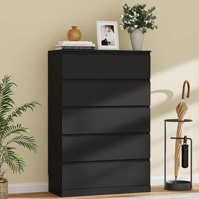 Dresser for Bedroom with 5 Drawers, 14.2" D x 31.5" W x 47.3" H, Black | Modern Chest of Drawers with Hidden Drawer,Wood Storage Dresser, Storage Organizer for Living Room, Closet, Hallway
