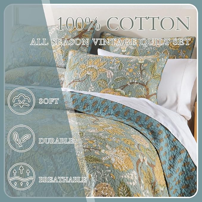 Wistown Cotton Bedspread Bedding Coverlet Quilt Sets, Reversible Vintage Branch Floral Bedspread comforters, (Rustic Sage Green Floral Pattern, Queen Size)