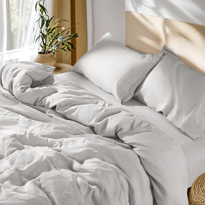 SONORO KATE 100% French Linen Queen Duvet Cover Set,Zipper Closure,3PC | Natural French Flax,Soft Breathable for Hot Sleepers,Moisture Wicking & Durable,4 Corner Ties,Grey