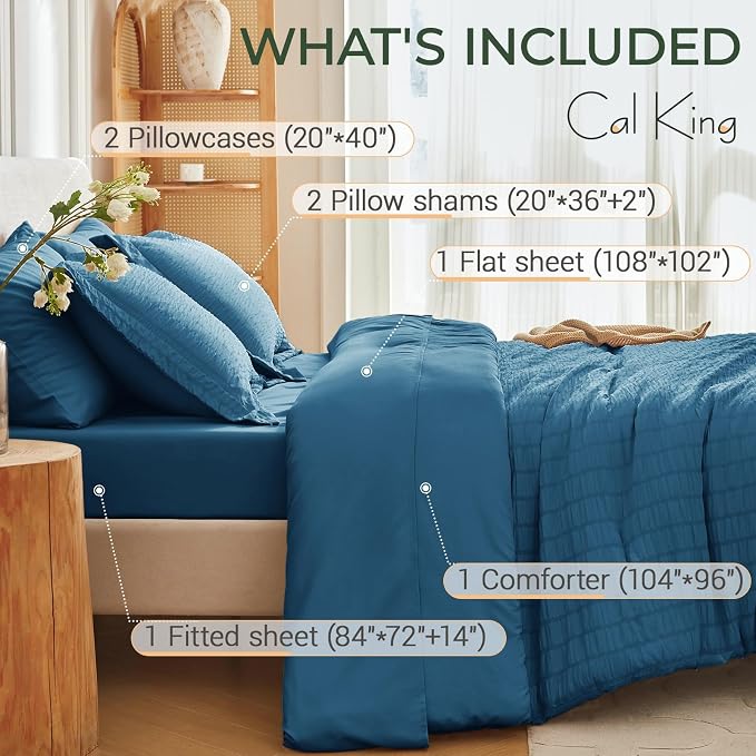 7 Pieces California King Comforter Set, Seersucker Bed in a Bag Cal King Size, All Season Luxury Bedding Set with Comforter, Flat Sheet, Fitted Sheet, Pillowcases & Shams, Teal