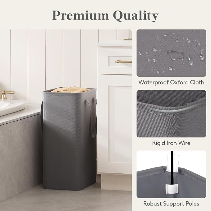 Lifewit Slim Collapsible Laundry Basket with Handles, 50L, Grey | Narrow Laundry Hamper for Dirty Clothes, Tall Thin Laundry Bin, Small Clothes Hamper for Bathroom, Bedroom, RV, Dorm