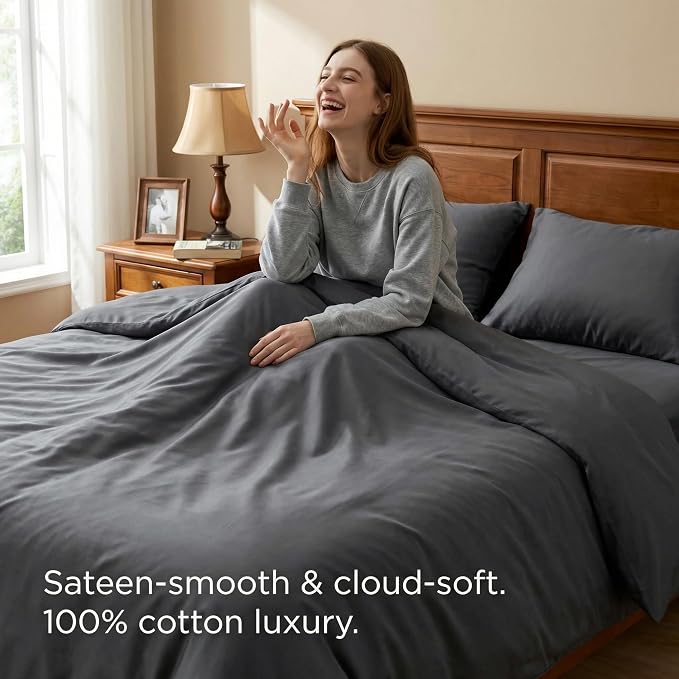 HeimenAogo Egyptian Cotton Duvet Cover Queen Size Sateen Weave, Silky Soft and Breathable Bedding Set with Zipper Closure, Long Staple Cotton Bed Linen Stormy Grey 3Pcs (90"×90")