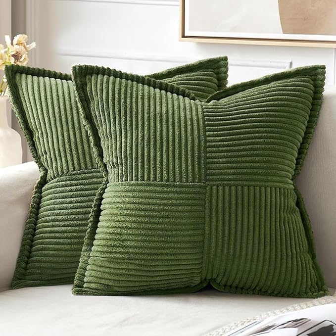 MIULEE Decorative Throw Pillow Covers for Couch 20x20 Inch Moss Green | 2 Pack, Boho Broadside Striped Patchwork Pillow Covers, Soft Corduroy Cushion Cases, For Sofa Bed Livingroom Home Decor