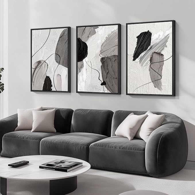 Large Framed Modern Abstract Wall Art for Living Room, 3 Piece 24x36 Inch | Black White Gray Canvas Prints, Modern Paintings, Minimalist Artwork, Abstract Pictures, Bedroom Hallway Office Wall Decor