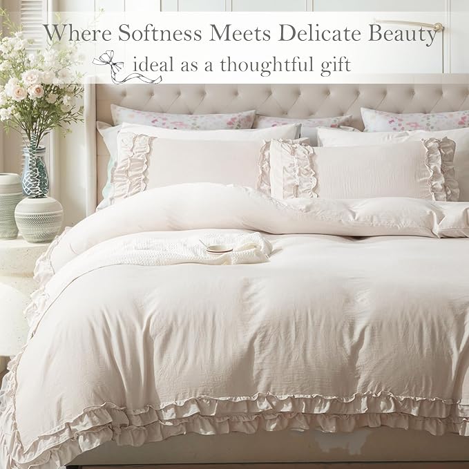 Bedorm Beige Duvet Cover King Shabby Chic Bedding Soft Breathable Washed Microfiber Ruffle Duvet Cover Coquette Cute Comforter Cover Girls Women