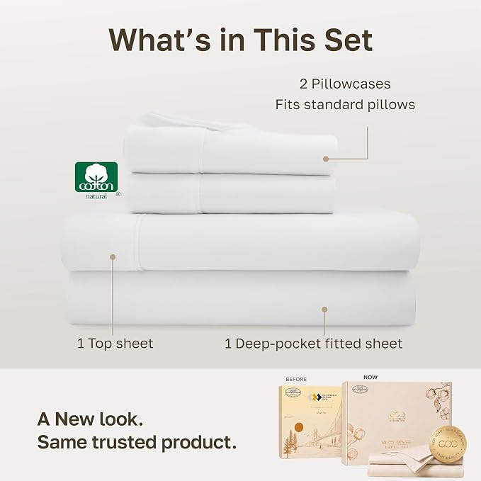 California Design Den Soft 100% Cotton Sateen Full Sized Bed Sheets Set | 400 Thread Count Backed by Good Housekeeping Seal, 16" Deep Pocket, All-Around Elastic, Durable, Easy Care - Antique White