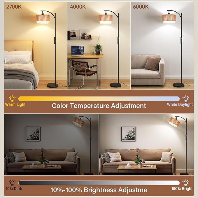 SUNMORY Arc Floor Lamps for Living Room with 12W Remote and Dimmable Bulb | Farmhouse Floor Lamps with Adjustable Rattan & Fabric Shades, LED Lamp, Boho Standing Lamp for Bedroom, Corner, Home Decor