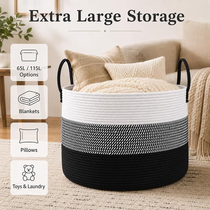 JMvicyroam 65L Extra Large Machine Washable Cotton Rope Blanket Basket | Collapsible laundry hamper, Reinforced handles, For blankets,pillows,toys and clothes, Living room and bedroom,White&BlackMix