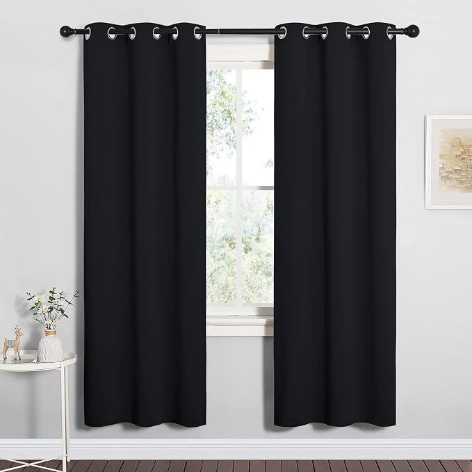 NICETOWN Black Blackout Curtains for Bathroom 34" Wide x 72" Long 2 Panels | Black Solid Thermal Insulated Grommet Blackout Drapes Drapery Panels for Window, Noise Reducing Room Darkening Decor