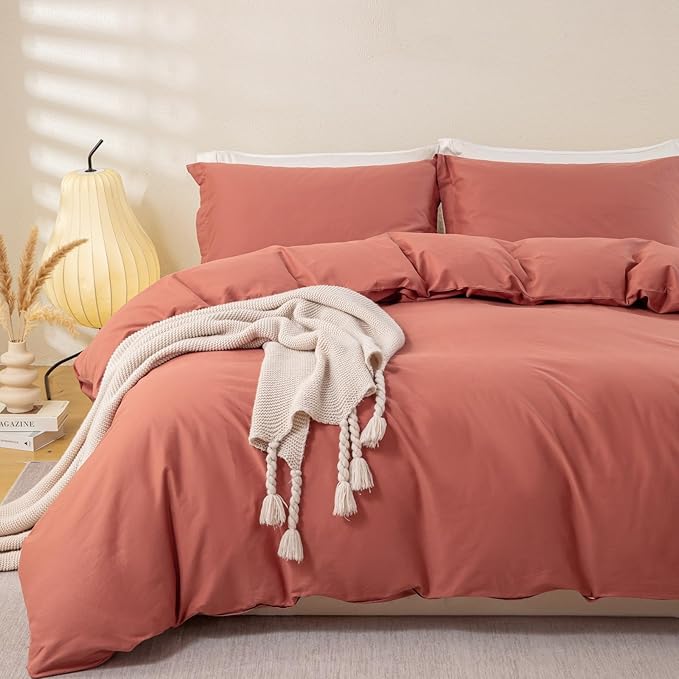 OAITE Duvet Cover Set 100% Washed Cotton Solid 3pcs | Soft,Durable,Long-staple Cotton,Hidden Zipper with 8 Interior Corner Ties,2 Pillowcases,68"X90"