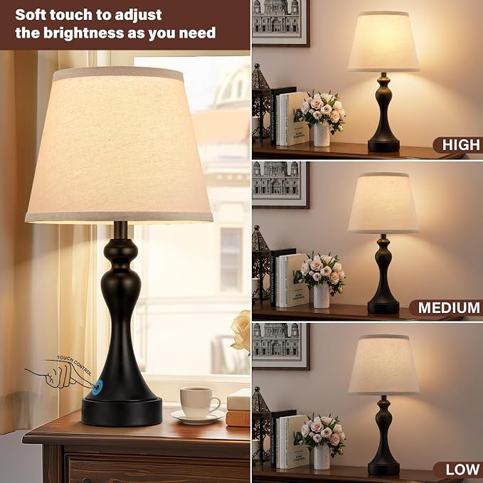 Touch Lamps for Nightstand, 3 Way Dimmable Bedside Lamps with USB C+A Ports | Touch Control, LED Bulb Included, Small Black Table Lamp for Bedroom, Night Stands, End Table, Gift，Corded