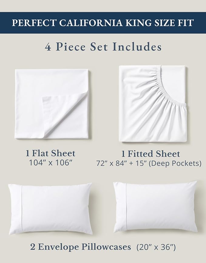 LANE LINEN California King Sheets 100% Organic Cotton 4pc Percale - White | Cal King Sheets In GOTS Certified Organic Cotton Percale - Cool All Summer, Cozy All Winter, Crisp Hotel-Style Feel