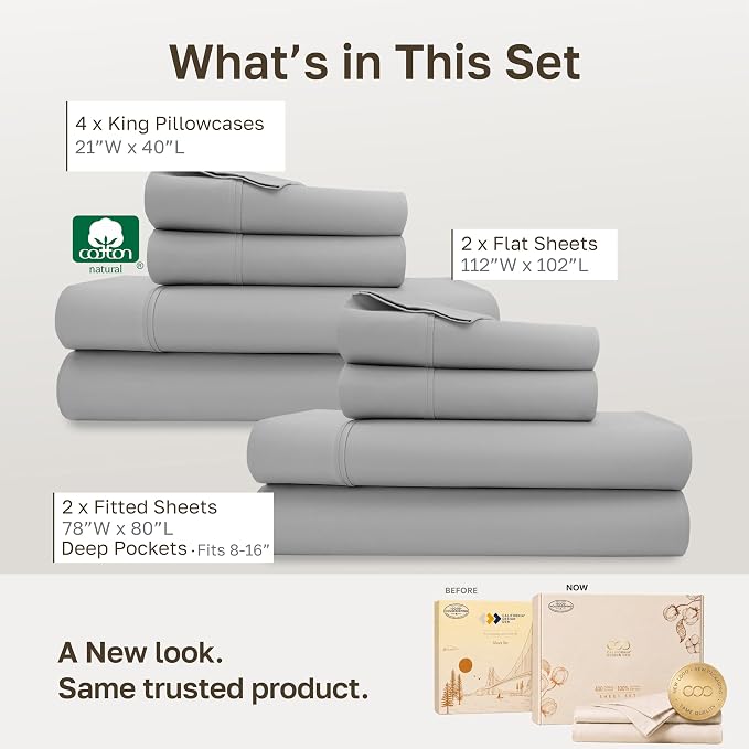 California Design Den 2-Pack Soft 100% Cotton King Size Sheets Set | 400 Thread Count Backed by Good Housekeeping Seal, 16" Deep Pocket, All-Around Elastic, Durable, Easy Care - Light Grey