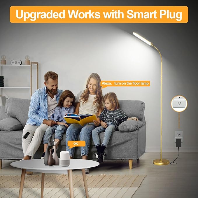 marctronic Gold Floor Lamp, 18W 1800LM Bright LED Floor Lamps for Living Room Bedroom, Dimmable Timing Eye Caring Reading Standing Lamp with Remote & Works with Smart Plug