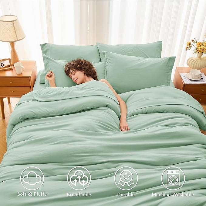 7 Pieces Queen Comforter Set, Soft Bed in a Bag Queen Size, All Season Bedding Set with Comforter, Flat Sheet, Fitted Sheet, Pillowcases & Shams, Sage Green