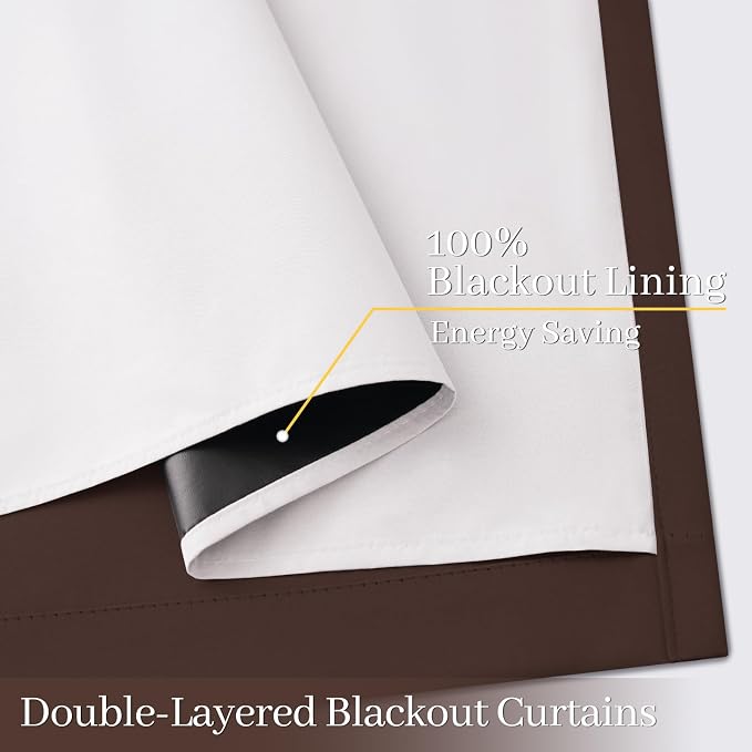 Yakamok Brown 100% Blackout Curtain Panels 63 inches, 50" Wide, 2 Panels | Blackout Curtain Panels for Bedroom, 2 Thick Layers Grommet Top Thermal Insulated Drapes with White Back for Living Room