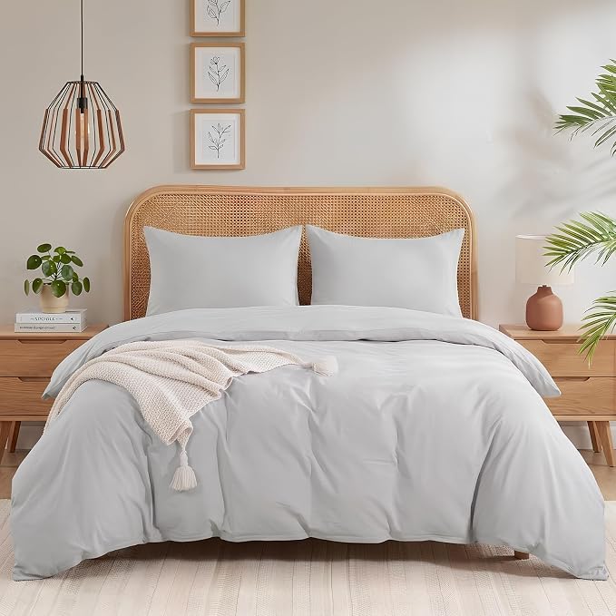 NEXHOME PRO Duvet Cover Set Twin Size Linen Feel Textured Organic Natural 100% Washed Cotton Duvet Cover 2 Pieces Bedding Set with Zipper Closure, Breathable, Light Grey (No Comforter)