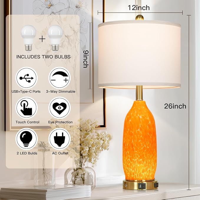Rinweey 26" Modern Orange Glass Table Lamp Set of 2,Bedside Lamps with USB A+C Ports & AC Outlet, Nightstand Lamp with 3-Way Dimmable Touch Control Night Light for Bedroom Living Room(Bulbs Included)