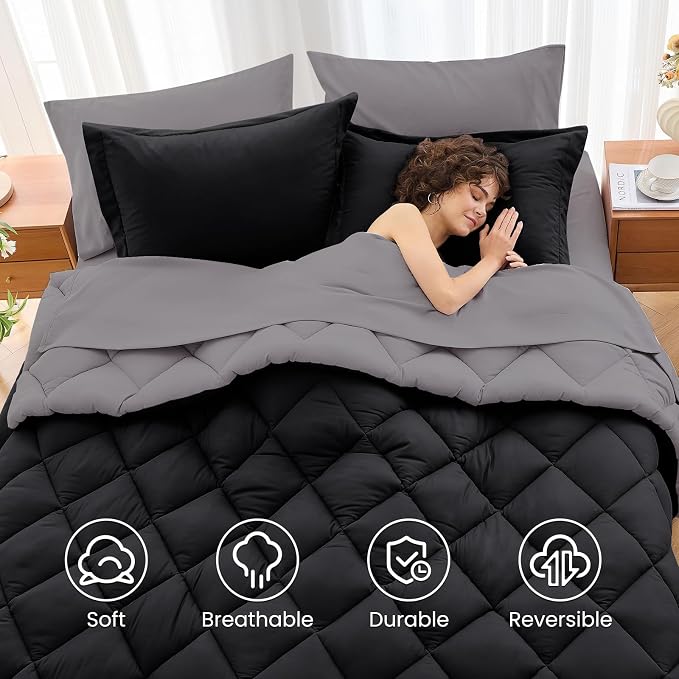 7 Pieces Oversized King Comforter Set, Reversible Bed in a Bag Oversized King Size, All Season Bedding Set with Comforter, Flat Sheet, Fitted Sheet, Pillowcases & Shams, Black & Soot