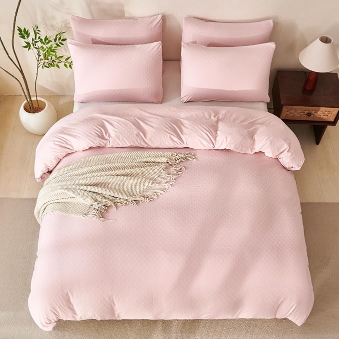 Pink Comforter Set Queen Polka Dot Soft Luxury Washed Microfiber Jacquard 3 Pieces Bedding Set, Pink Polka Dot Pattern Comforter with 2 Pillowcases Breathable Durable Comfy
