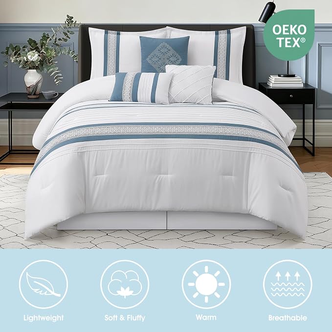 7 Piece Comforter Set, Blue White, California King, Boho Style Geometric Microfiber Embroidery, Bed in a Bag with Bedskirt, Pillow Shams and Decor Pillows