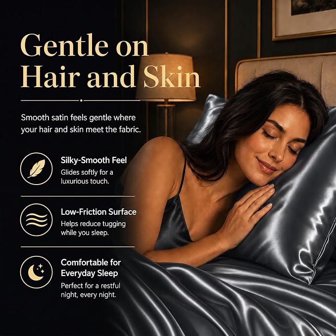 CozyLux Satin Sheets Queen, 4-Piece 14-Inch Deep Pocket Sheet Set | OEKO-TEX Certified Silky Soft Sheet Set for Hair & Skin, Luxurious Silky-Smooth Satin for Elegant Bedroom Decor, Dark Grey