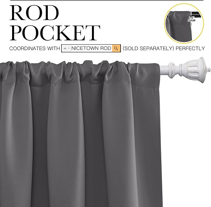 NICETOWN Grey Blackout Curtains for Bedroom 34" Wide x 40" Long 2 Panels | Home Decoration Thermal Insulated Rod Pocket Blinds Drapes for Kitchen Small Windows, Light Blocking Room Darkening Decor