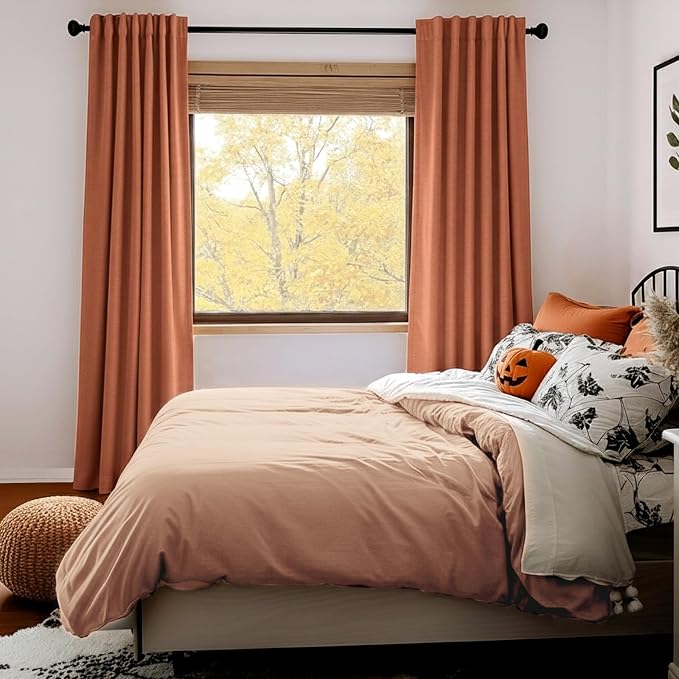 Faux Linen Total Blackout Curtains for Bedroom 84 Inch Long Burnt Orange | 100% Blackout Shield, Back Tab/Rod Pocket Living Room Drapes, Thermal Insulated Blackout Curtains 2 Panels Set, 50"W x 84"L