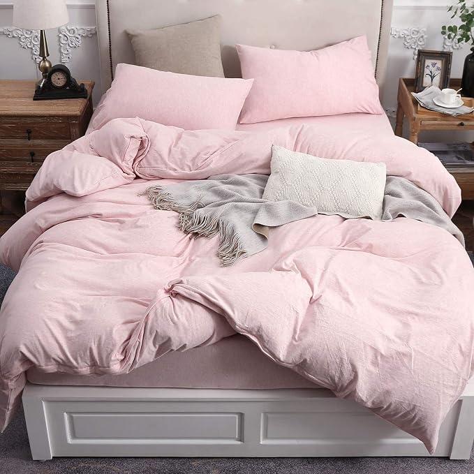 PURE ERA Jersey Knit Sheet Set Heather Pink King | 100% Cotton, 3 Piece Set, T Shirt Soft, Breathable, Envelope Closure Pillowcases, Hidden Zipper, 8 Ties, No Insert, Modern