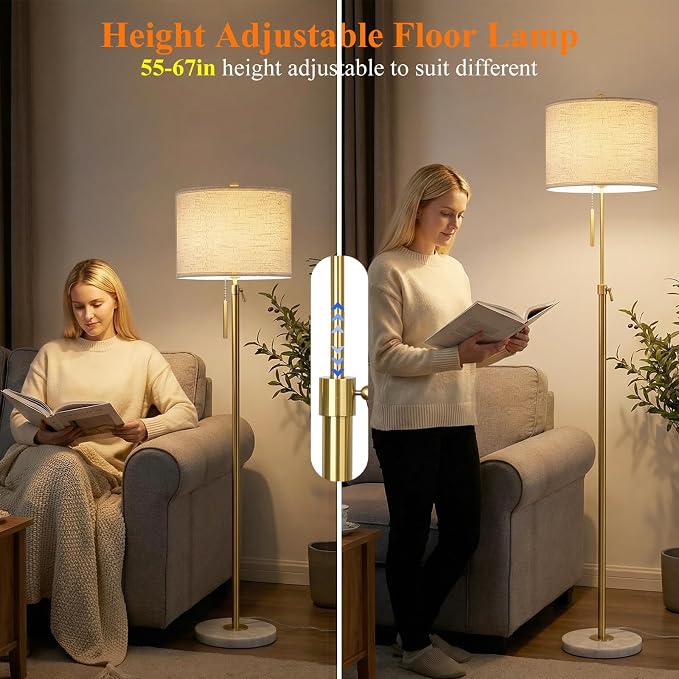 Qingmiao Gold Floor Lamps for Living Room, 55"-67" Height Adjustable Modern Tall Lamp, 3-Way Dimmable Standing Lamp for Bedroom Office Reading Corner Home Decor, New House Warming Gifts