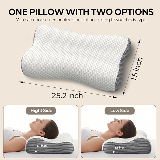Cervical Neck Pillow for Pain Relief, Contour Memory Foam Pillows for Sleeping, Ergonomic Pillow Orthopedic Cooling Pillow Bed Pillow Neck Support for Side Back Stomach Sleepers (Off White&Gray)