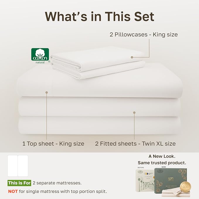 California Design Den 600 Thread Count Split King Sheets, 5 Pcs, True Ivory | 100% Cotton Sateen, Good Housekeeping Seal, Split King Sheets Sets for Adjustable Bed with 2 Separate Twin-XL Mattresses