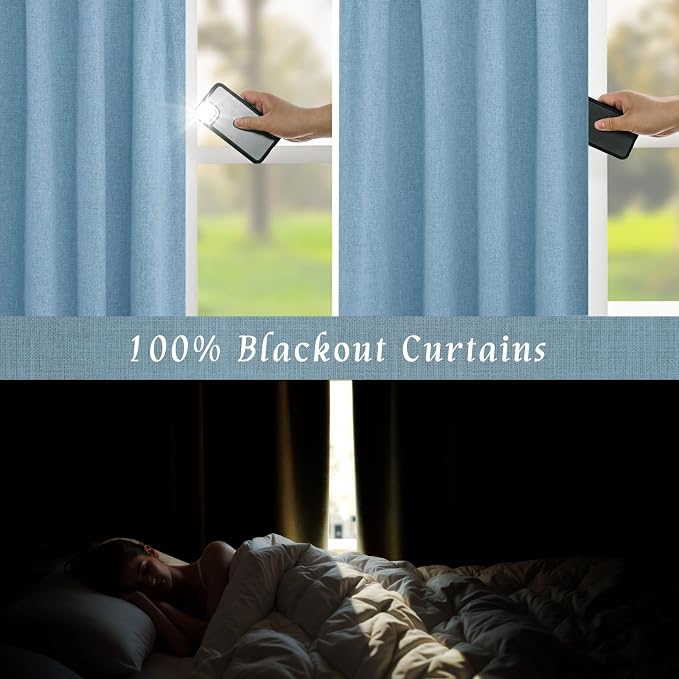 Full Blackout Linen Bedroom Curtains 54 Inch 2 Panels, Blue | Thermal Insulated, Privacy Protected, Farmhouse Curtains, Neutral Panels, with White Liner, Rod Pocket Back Tab, 52 x 54 Inch