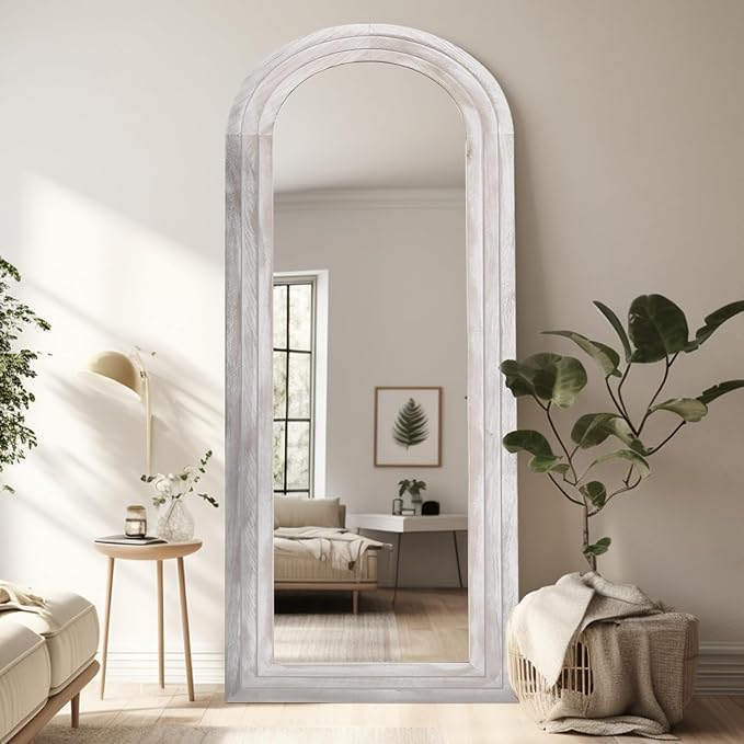 ZHUNFA Arched Full Length Mirror with Solid Wood Frame | 65x22 Farmhouse Wall Mirror Full Length with Stand, Vertical Hanging, Leaning Standing for Bedroom,Living Room, Rustic White