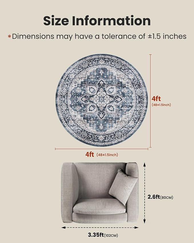 AMADA HOMEFURNISHING Round 4ft Area Rugs, Low-Profile Washable Rug with Non-Slip Backing & Durable Edge Binding, Vintage Rugs for Living Room, Bedroom, Dinning Room