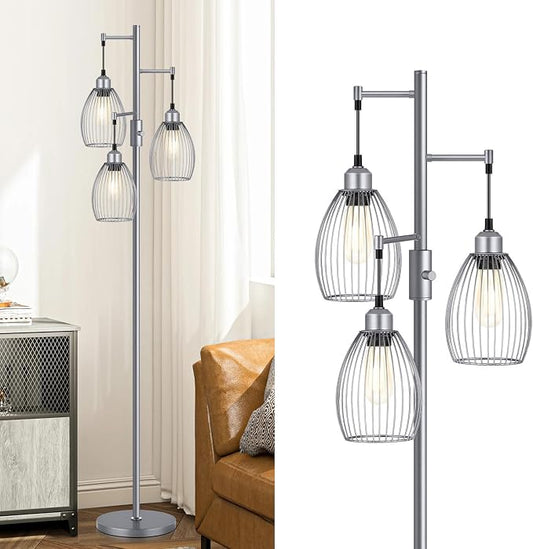 Torondo Dimmable Industrial Floor Lamps for Living Room, Gray Tree Standing Tall Lamps with 3 Elegant Teardrop Cage Head & 800 Lumens LED Bulbs for Bedroom Office