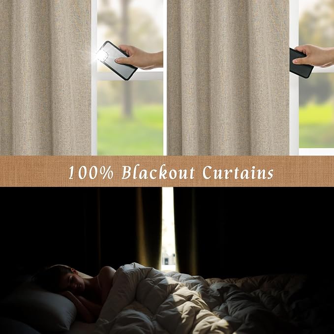 45 Inch Natural 100% Blackout Linen Curtains for Short Windows | Taupe, Thermal Insulated, Curtains for Bedroom, Kitchen, Rod Pocket Back Tab Drapes, with White Liner, 2 Panels, 42 x 45 Inch