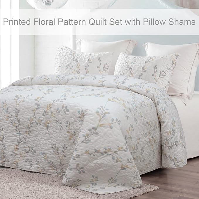 Exclusivo Mezcla Reversible Boho Quilt King Size White | Lightweight Soft Bedspreads, All Season Flowers Coverlet Bedding Set, Printed Floral Pattern, 1 Quilt and 2 Pillow Shams