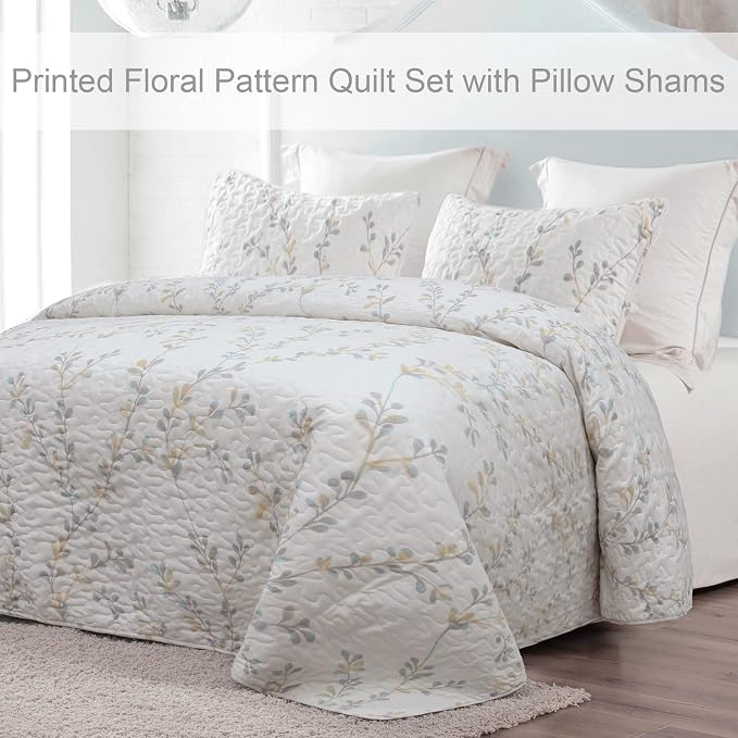 Exclusivo Mezcla Reversible Boho Quilts Queen Size White | Lightweight Soft Bedspreads, All Season Flowers Coverlet Bedding Set, Printed Floral Pattern, 1 Quilt and 2 Pillow Shams