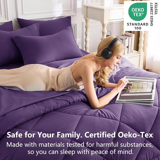 Full Size Comforter Sets Purple - 7 Pieces Complete Bedding Set | OEKO-TEX Certified, All Season, 240GSM Down-Alternative Comforter, Sheets, Pillowcases & Shams, 14" Deep Pocket, Easy Care