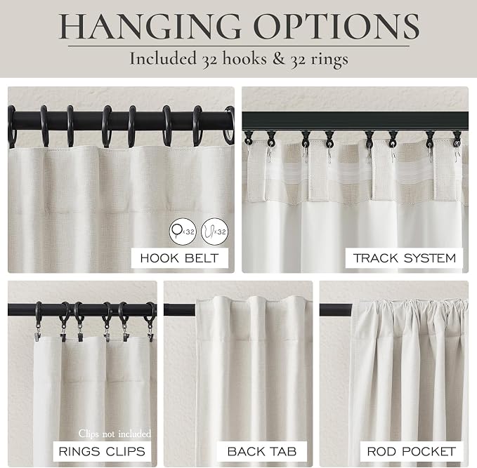 100% Blackout Curtains 92 Inches Long for Living Room 2 Panels Set, Room Darkening Energy Saving Curtain Window Coverings Elegant Flax Linen Hook Belt Pleated Drapes Aesthetic Bedroom(W50"xL92",Birch)